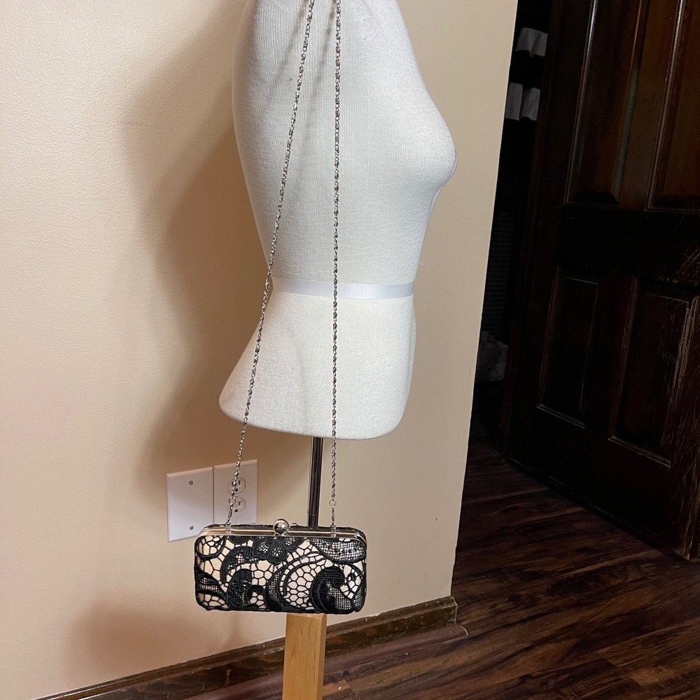 Lulu Townsend Black Lace Box Clutch Evening Bag Silver Chain Strap Cream Satin